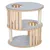 Arbre à chat rond à trois niveaux, structure en bois clair avec surfaces grises et deux poteaux recouverts de corde. Deux ouvertures circulaires visibles sur les plateaux supérieurs.