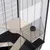 Small animal cage with metal grid walls, wooden platforms and black plastic tray. Includes a plastic feeding station.