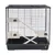 Small animal cage with metal grid walls, three wooden levels with ramps and feeding bowls, black plastic base.