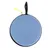 Borsa rotonda blu con cerniera e tracolla nera, clip gialla sulla chiusura.