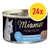 Lata de Miamor Feine Filets In Jelly mit Thun & Shrimps, imagen de un gato blanco en la etiqueta. Paquete de 24 unidades indicado en círculo amarillo. Lata de Miamor Feine Filets In Jelly mit Thun & Shrimps, imagen de un gato blanco en la etiqueta. Paquete de 24 unidades indicado en círculo amarillo.