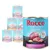 Rocco Junior canned dog food, visible flavours: Turkey with veal hearts & rice, Poultry with chicken hearts & rice. 800g tins, label shows meat and rice images, supports healthy growth.