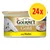 GOURMET Gold mit Huhn kattenvoer, afbeelding van blik met witte kat, portie paté op bord en gele cirkel met rode tekst '24x'. GOURMET Gold mit Huhn kattenvoer, afbeelding van blik met witte kat, portie paté op bord en gele cirkel met rode tekst '24x'.