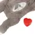 Peluches en tissu gris avec ouverture et boîte rouge en forme de cœur posée à côté. Aucun texte visible, matériaux : tissu et plastique.