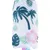 Fabric toy with tropical pattern, palm trees, leaves and pink flowers on white background.