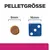 Comparaison de taille : une croquette ronde de 9 mm à côté d’un dé bleu de 16 mm. Texte en haut : PELLETGRÖSSE (allemand pour 'taille des croquettes').
