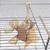 Jouet suspendu en carton et corde naturelle, accroché à la grille d'une cage pour oiseaux. Quatre extrémités en papier froissé visibles, perchoirs en bois en arrière-plan.