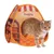 Katzenzelt im Bäckerei-Design mit orangefarbenen Akzenten und Brot-Motiven. Roter Kater verlässt das Zelt durch die Öffnung.