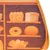 Illustration von verschiedenen Backwaren wie Brot, Brötchen, Bagel und Baguette auf Regalen. Keine weiteren Informationen sichtbar.