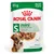 Royal Canin Mini Adult, rozmiar S, do 10 kg, 85 g. Kawałki w sosie, utrzymanie wagi. Obraz psa i kawałków karmy w sosie.