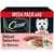 Mega pack of Cesar mixed selection in sauce, 40 pouches of 100g each, shown with food pieces and sauce on a plate.
