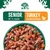 Senior turkey with rice and vegetables, suitable for 7+ years. Image shows food pieces with peas, carrots, and rice in a bowl.