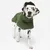 Chien à pelage blanc et noir portant un manteau vert avec capuche, matière textile visible, présenté debout sur fond blanc.