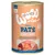 Wow Cat Premium Paté Huhn & Lachs, puszka z widocznym napisem: 99% Fleischanteil, bez zbóż, kurczak i łosoś, made in Germany, ilustracja kawałków mięsa.
