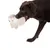 Brown dog holding a beige plush toy shaped like an animal in its mouth.