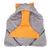 Manteau pour chien ouvert, intérieur en tissu gris et extérieur orange, avec capuche et sangles élastiques visibles.