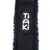 Tiaki logo op zwart stoffen band met grijs patroon.