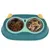 Double bowl in green with yellow accents, brand Taki. Left side filled with dry food, right side with dog bone treats.