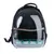 Sac à dos de transport pour animaux avec coque transparente, trois aérations rondes, perchoir coloré et support métallique visible à l’intérieur.