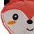 Close-up of an orange fabric toy shaped like a fox face with embroidered eyes, nose and mouth.