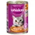 Whiskas kattenvoer blik, paarse verpakking met afbeelding van grijze kat, oranje bord met terrine. Tekst: 'Geflügel', 'in Terrine', '100% complete voeding'.