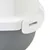 Detail van een witte kunststof sluitclip op een grijs-witte container, bevestiging zichtbaar aan de rand.