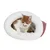 Chat roux et blanc allongé dans un tunnel ou nid douillet en tissu blanc à l’intérieur et rose à l’extérieur, forme arrondie, entrée ouverte visible.