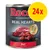 Rocco Real Hearts Beef, 800 g burk med texten 'with whole chicken hearts'. Gul cirkel med röd text: 24x. Bild på kött och hjärtan på etiketten.