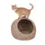 Chat roux debout sur une niche en forme de dôme tressé, entrée ronde visible à l'avant, matériau aspect osier, coussin intérieur clair.