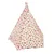 Tente tipi pour animaux avec armature en bois et toile imprimée de motifs pastèque, ananas et glaces. Ouverture sur le devant, fond beige.