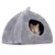 Grey, triangular cat house made of soft fabric with an opening. An orange and white cat is sleeping inside.