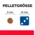 Pelletgrösse: 9 mm Pellet im Vergleich zu einem 16 mm grossen blauen Würfel.