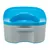 Toilette per gatti con bordo blu e base grigia, forma rettangolare con maniglia integrata.