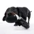 Cane con gioco di peluche nero e nodi gommati in bocca. Il gioco combina materiali morbidi e resistenti.
