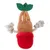Giocattolo in peluche a forma di carota con foglia verde, base rossa e due nodi di corda come braccia.