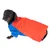 Cane con maglietta blu e mantello rosso, adatto come costume o abbigliamento per pet.