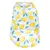 Vêtement pour animal blanc avec motifs citrons jaunes et feuilles vertes, étiquette visible avec texte 'TIAKI' en bas à gauche.