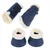 Ensemble de quatre protections pour membres de cheval en simili cuir bleu avec doublure en fausse fourrure beige, deux guêtres et deux cloches visibles sur fond blanc.