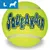 Gul tennisbold med teksten SQUEAKAIR i blå og gul. Blåt felt med hvidt L og hundesilhuet øverst til venstre.