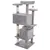 Grey cat tree with multiple levels, two caves, sisal-wrapped posts and a hanging play ball.
