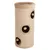 Cylindrical scratching post with three circular openings, each featuring a hanging plush ball toy inside. The exterior is covered in beige sisal material.