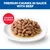 Dish with meat pieces in sauce. Text: Premium Chunks in Sauce with Beef, Chunks in Gravy. Dish with meat pieces in sauce. Text: Premium Chunks in Sauce with Beef, Chunks in Gravy.