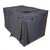 Transport box made of grey fabric with orange seams, multiple pockets and handles. Visible zips for access and ventilation.