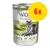 Wolf of Wilderness Senior Green Fields, 100 % grain-free, lamm & kyckling, 400 g burk. Förpackning med 6x enligt gul cirkel med röd text.