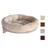 Cama redonda acolchada beige para mascotas con base de madera clara. Cuatro opciones de color visibles: beige, marrón, gris y burdeos.