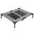 Raised grey bed with black mesh fabric and sturdy metal legs, rectangular shape.