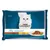 Pachet hrană umedă pentru pisici Purina Gourmet Perle, 4 x 85g. Vizibile sortimente: vită, pui, iepure, somon. Imagine cu o pisică albă și farfurie cu fâșii de carne în sos.