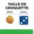 Comparaison taille de croquette 12 mm à côté d’un dé bleu 16 mm, texte : TAILLE DE CROQUETTE, indications sous chaque objet.