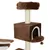 Cat tree with brown plush cover, cave with white entrance, seating area and play ball on sisal post.