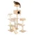Beige scratching post with multiple levels, cave, hammock, resting areas and sisal scratching surfaces. Cat sitting on top platform.